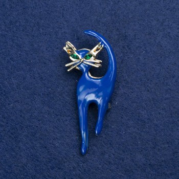 Broșă Pisicuță din metal auriu, email și strasuri, 45×40 mm +