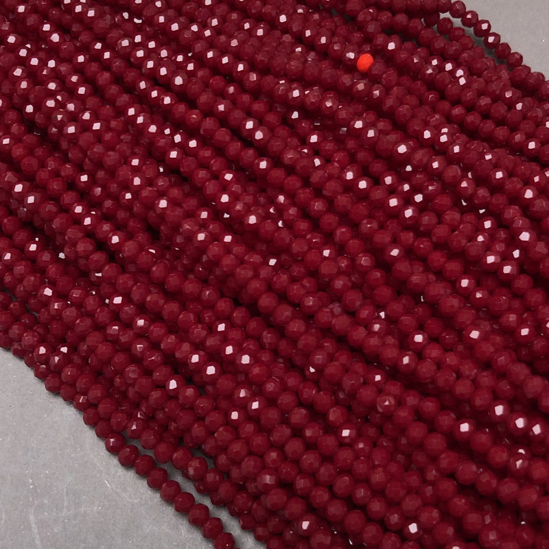Mărgele cu cristal ceh, pe fir, roșu închis mat, rondel tăiat, diametrul 3,5×3 mm, lungime 36–38 cm