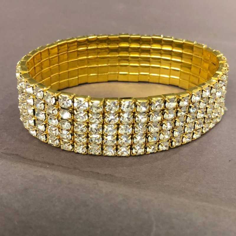Brățară elastică cu cinci rânduri, cristale albe, metal auriu, circumferința 16–17 cm