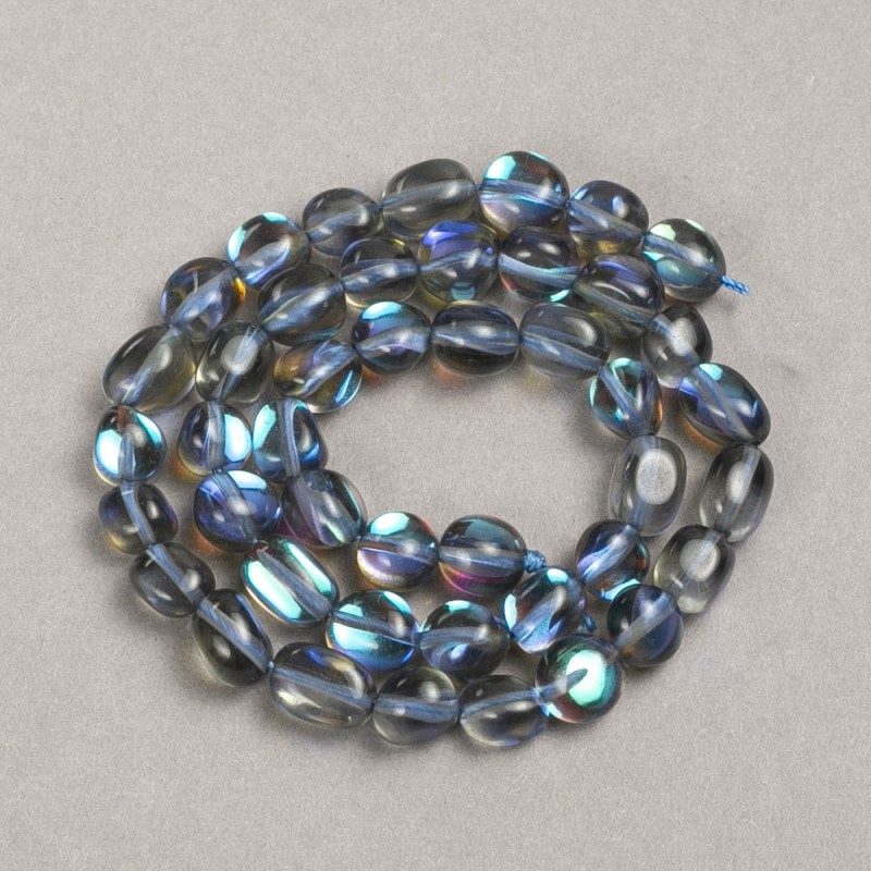 Mărgele pe șnur din sticlă opală de nuanță albastră, în formă de picătură, 10×8 mm + -, lungime 39 cm +