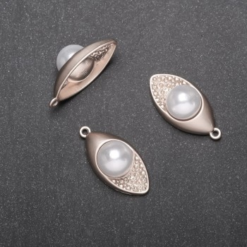 Pandantiv frunză cu mărgea, diametru 15 mm, lungime 30 mm, metal argintiu, 4 buc.