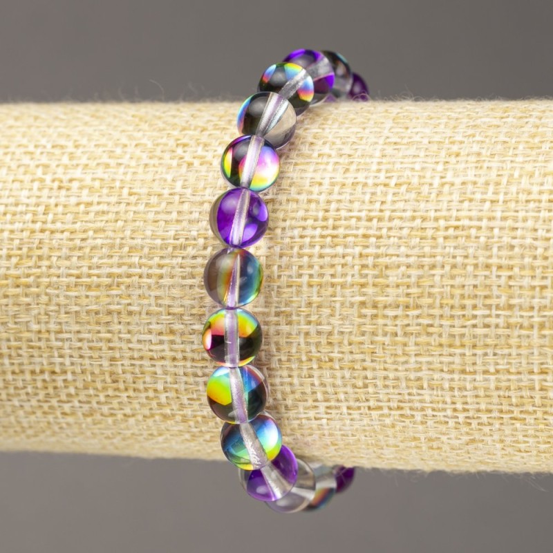 Brățară elastică din sticlă opală, bile violete transparente, diametrul 8 mm, lungimea 18 cm