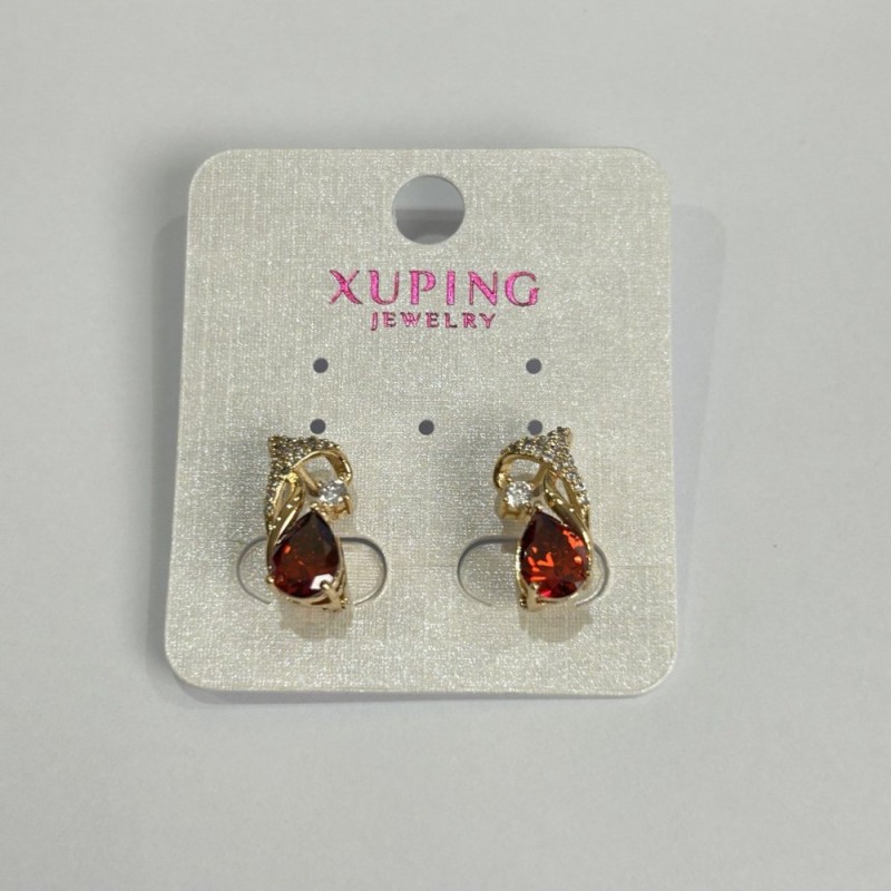 Cercei Xuping cu pietre roșii și cristale albe, 8x15 mm, placare cu aur 18K