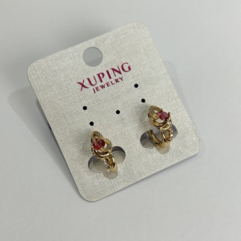 Cercei Xuping cu cristale roz și strasuri albe, 14x7 mm, placare aur 18K