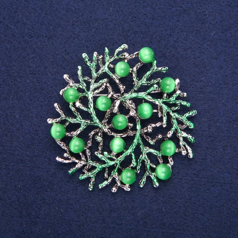 Broșă-pendulă „Crenguțe” cu ochiul pisicii, email verde, metal argintiu, 60 mm