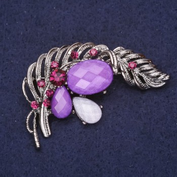 Broșă Pană de Pasăre fenix cu strasuri, mov-violet și gri, 55×38 mm, metal argintiu