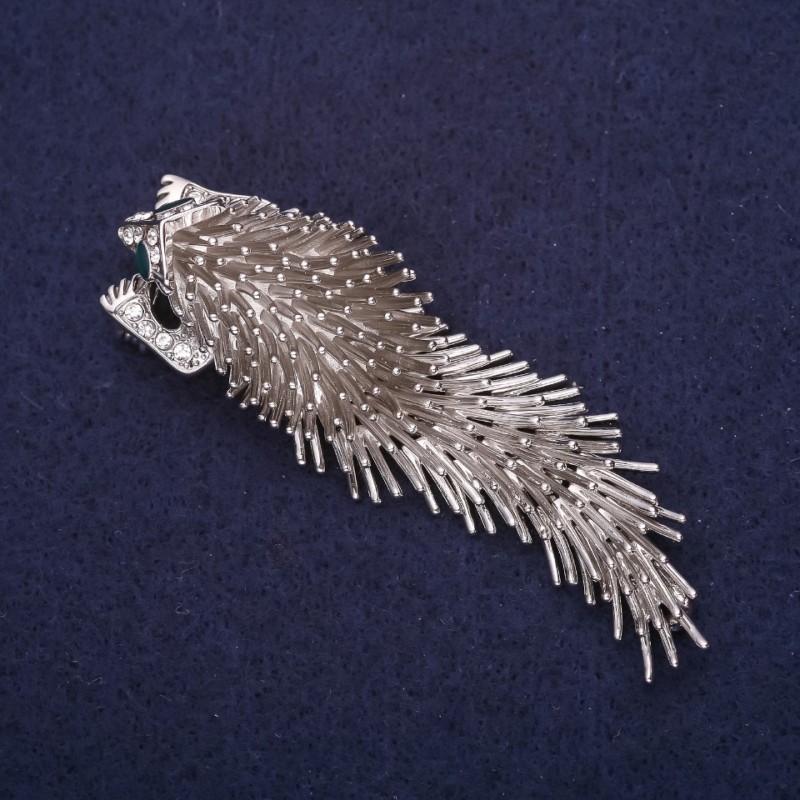 Broșă arici-porcospină 75×23 mm, metal argintiu deschis