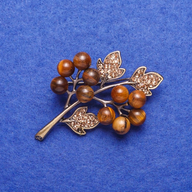 Broșă cu piatră naturală ochi de tigru «Ramură» argintie 4×3,5 cm