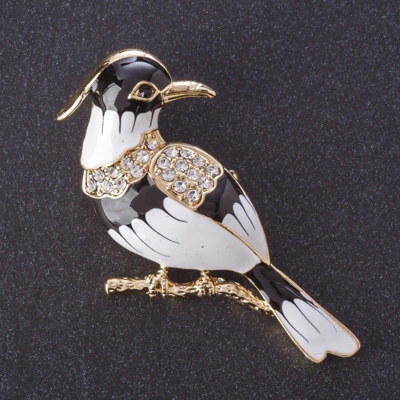 Broșă «Pasărea ibis» email negru-alb, culoarea metalului auriu, seria păsări, 5,5×3 cm