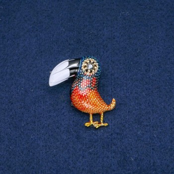 Broșă Tucan, email negru-alb, stras gri, metal auriu 40x35 mm +