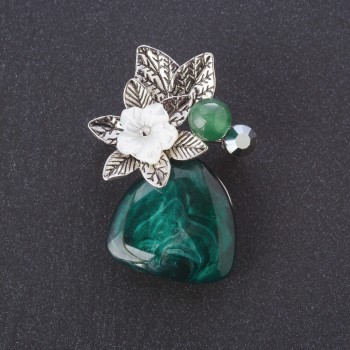 Broșă Floarea perlată Flora, mărgea de nefrit, cabochon din agat în metal argintiu