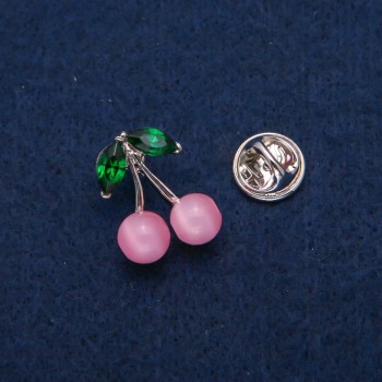 Broșă în formă de vișine, cu mărgele, ochi de pisică și cristale, metal argintiu 16×21 mm