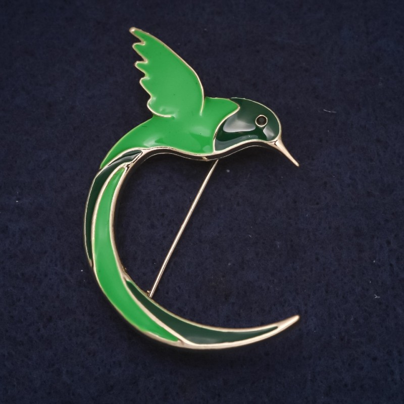 Broșă Pasăre verde email, metal auriu 35×55 mm