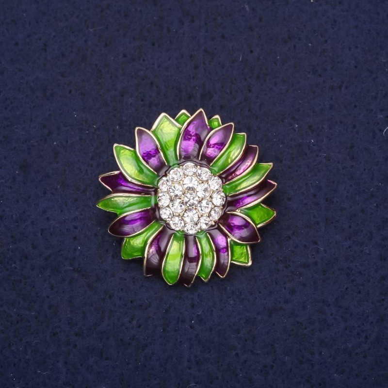 Broșă floare cu strasuri email culoare verde mov 29 mm metal auriu