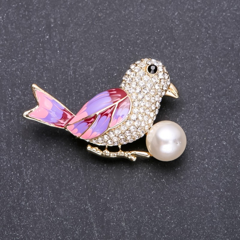 Broșă Pasăre mov-liliac și roz, email, 48×32 mm, metal auriu