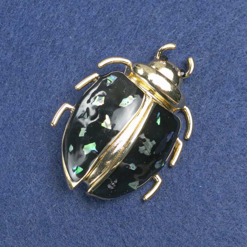 Broșă cu insectă aurie, metal, email negru, haliozit și strasuri negre, 58×24 mm +