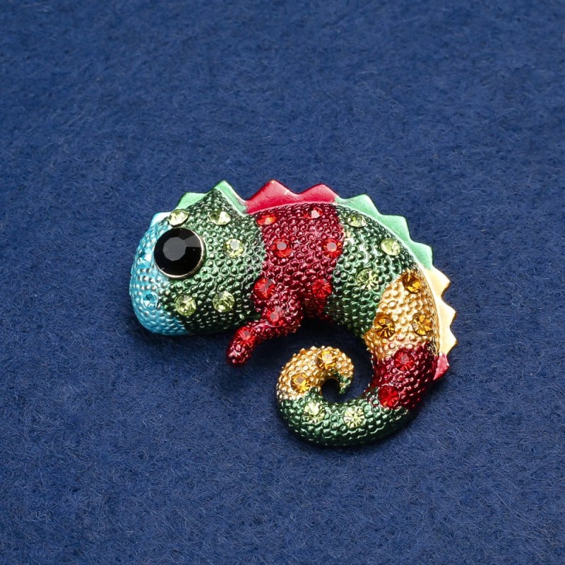 Broșă Chameleon auriu, metal, email și strasuri, 42x30mm +