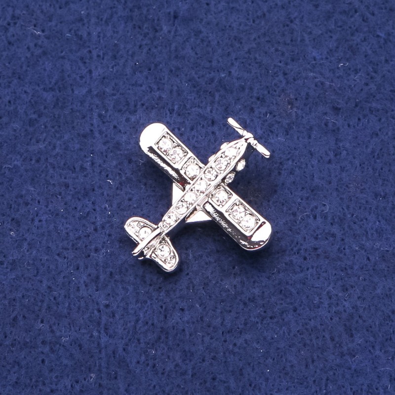 Broșă «Avion cu cristale», din metal argintiu, 28×28 mm