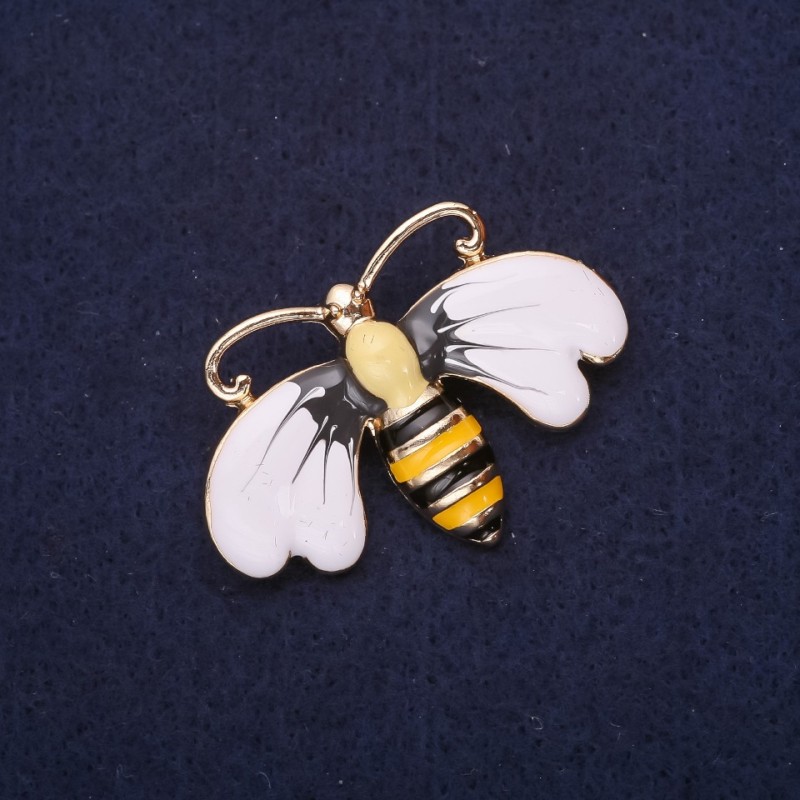 Broșă Albina-Fluture email, culoare albă, galbenă, gri, neagră, 41×30 mm, metal auriu
