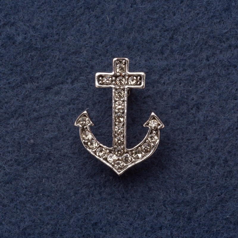 Broșă în formă de ancoră, 2,8×2 cm, metal gri, cu strasuri