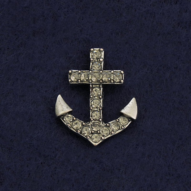 Broșă cu închizătoare pe răsucire «Ancoră» 2 cm, metal gri, strasuri