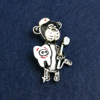 Broșă urs stomatolog, metal auriu și email, 50×30 mm +