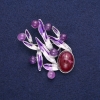 Брошка Листики з Аметистом, фіолетова емаль, сріблястий метал 38х53мм