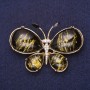 Broșă Fluture cu strasuri albe și imitație de chihlimbar (artificial) 56x36 mm, metal galben