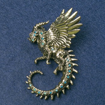Broșă Dragon metal auriu cu strasuri albastre petrol 64x50 mm+