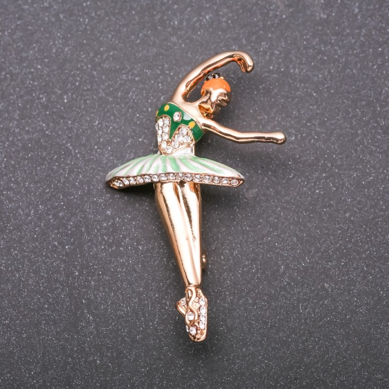 Broșă balerină email verde metal auriu 52×34 mm