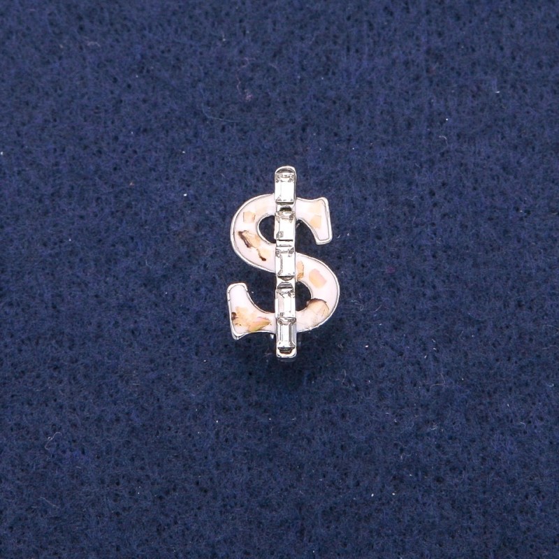 Broșă «Dolar» cu email alb și perlamutru de haliozit, cristale albe, metal argintiu 12x21 mm