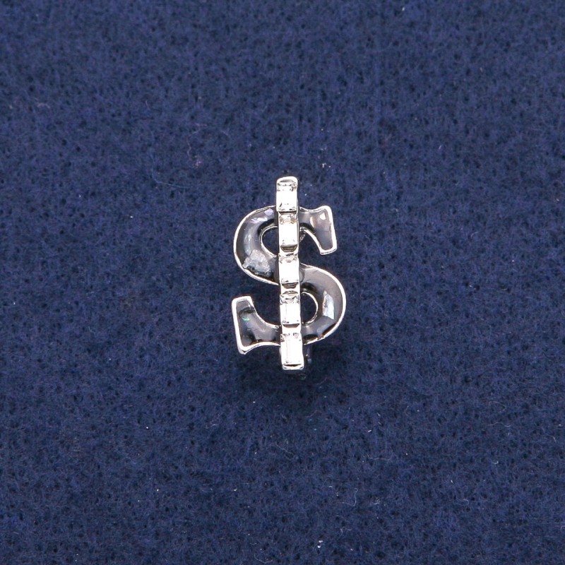 Broșă Dolar cu email negru și sidef haliozit, cristale albe, metal argintiu 12x21mm