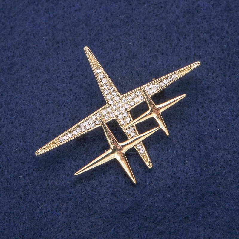 Broșă Stea, metal auriu cu strasuri, 52×40 mm