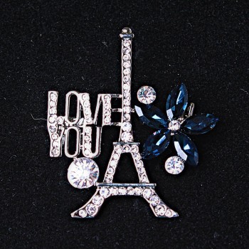 Broșă «Paris», metal argintiu, strasuri și cristale albastre, 40x35 mm +