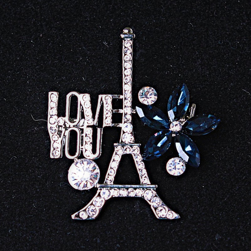 Broșă «Paris», metal argintiu, strasuri și cristale albastre, 40x35 mm +