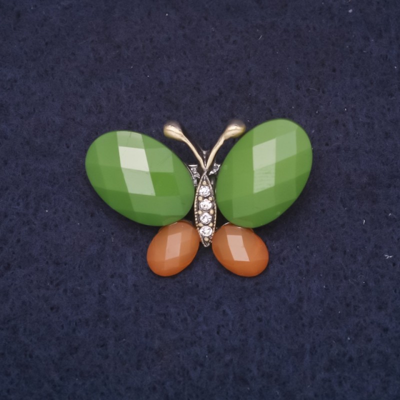 Broșă Fluture 31×21 mm, strasuri, pietre, culoare verde, maro, metal auriu