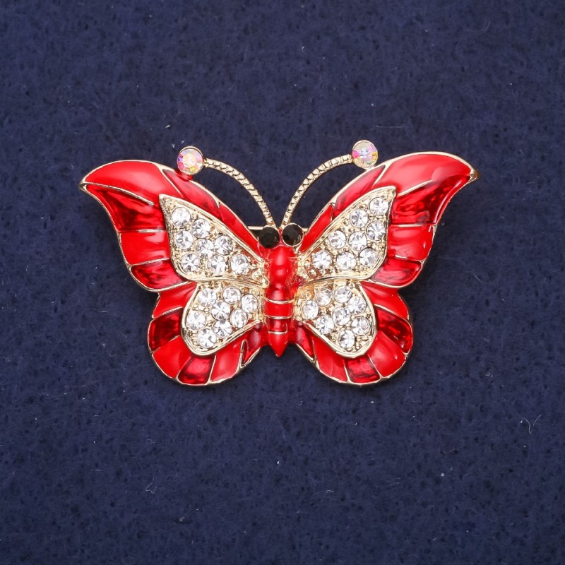 Broșă Fluture, email roșu, cu cristale albe, 45×28 mm, metal galben
