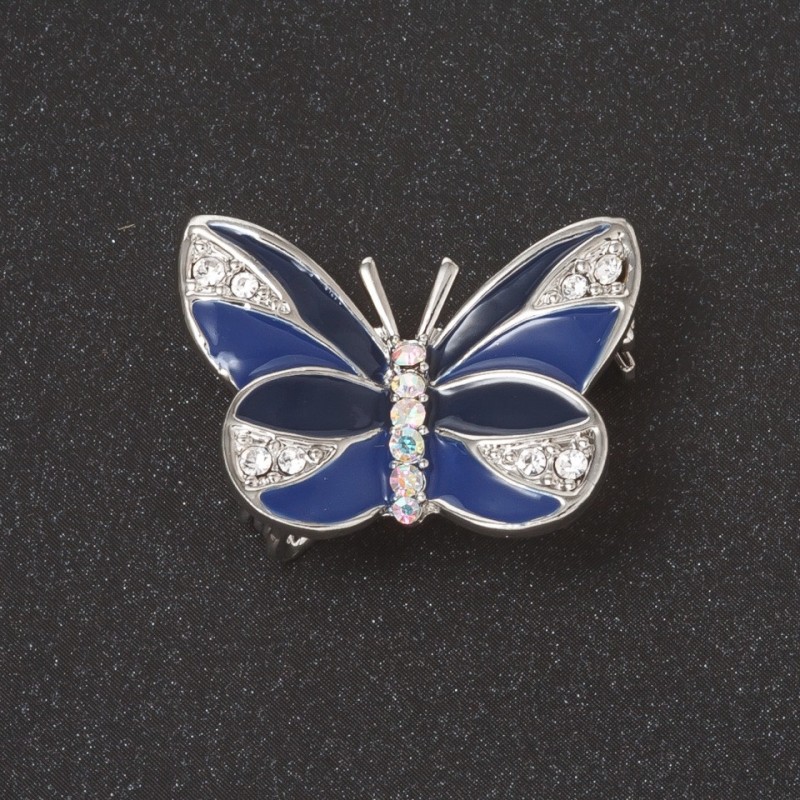 Broșă Fluture email albastru, cristale albe, culoare argintie, 2,7 cm