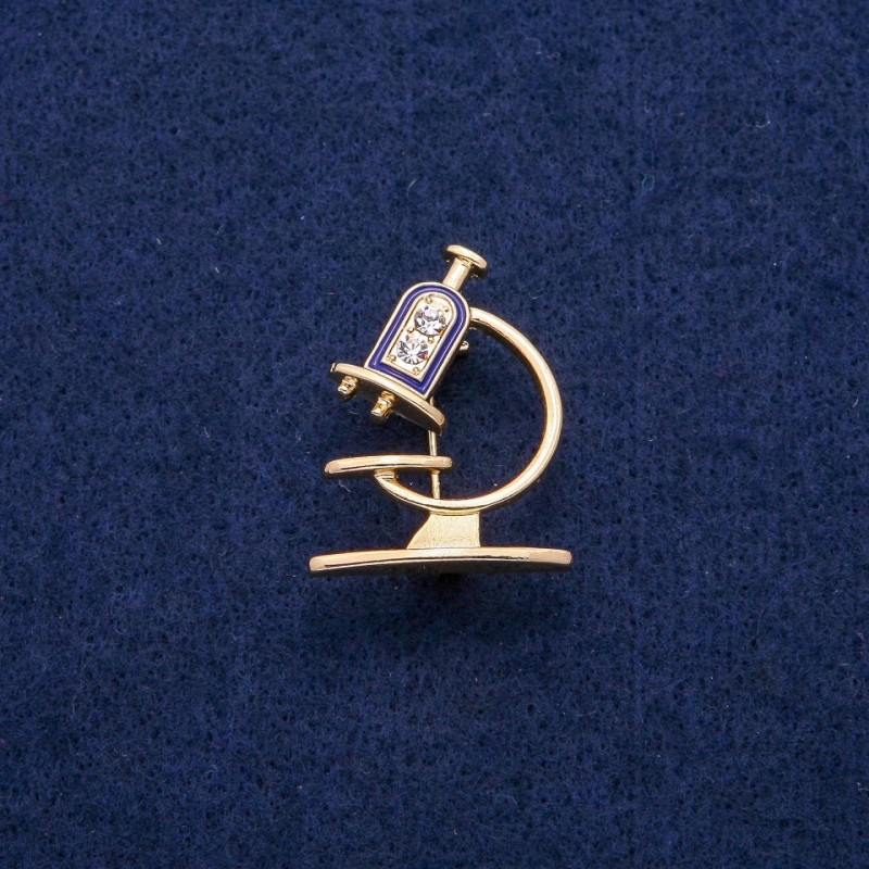 Broșă Microscop cu email și strasuri, 24×31 mm, metal auriu