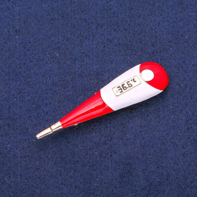 Broșă pandantivă Termometru, email roșu și alb, metal auriu, 15×58 mm
