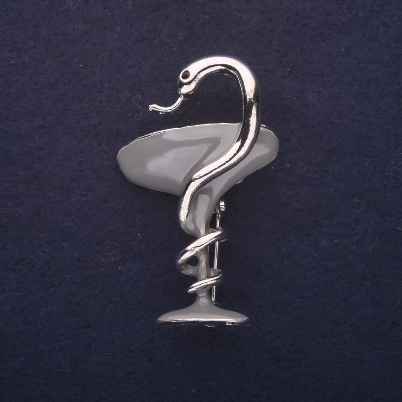 Broșă «Cupa cu șarpe» email gri 44×21 mm, metal argintiu