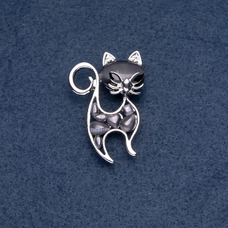 Broșă «Pisicuță» neagră, ochi de pisică, culoare metalică argintiu, 30×45 mm
