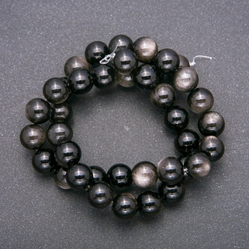 Mărgele din piatră naturală – obsidian argintiu, formă de bilă netedă, diametru 10 mm (+/-), lungime 38 cm