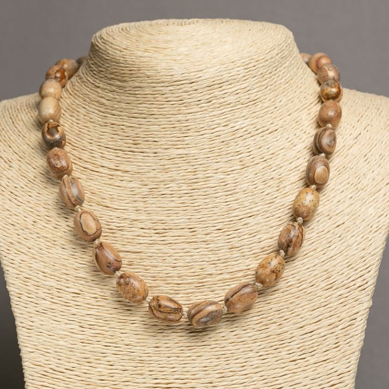 Colier din piatră naturală jasper peisaj, formă de butoi, diametrul 10×14–15 mm, lungime 48 cm+