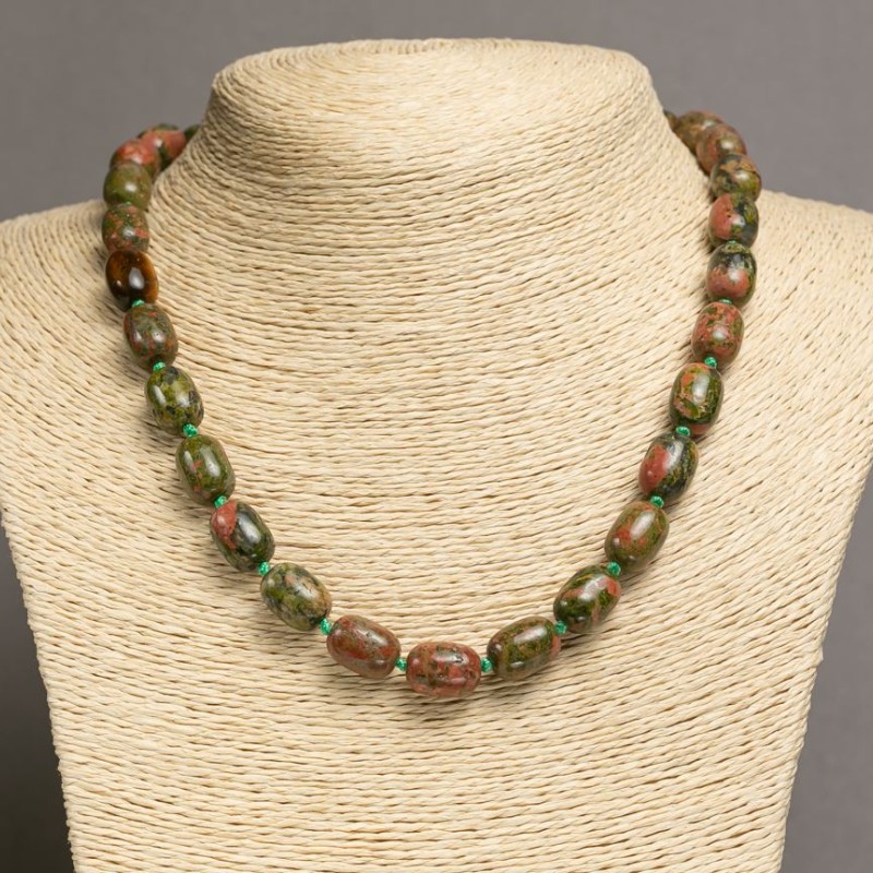 Colier din piatră naturală jasper unakit, formă buton, diametrul 10×14 mm, lungime 49-46 cm+