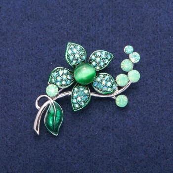 Broșă în formă de floare cu ochiul de pisică verde și cristale 36×56 mm