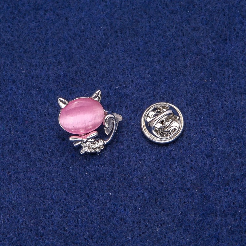 Broșă Pisicuță cu cabochon ochi de pisică și strasuri 16×17 mm, metal argintiu