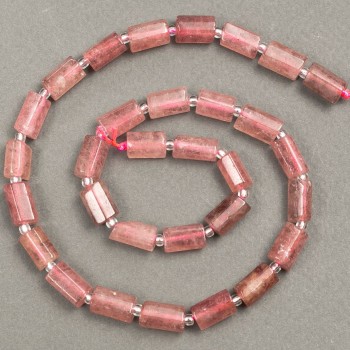 Mărgele pe șnur din piatră naturală, cuart căpșună, tăietură fațetată 11×7 mm, lungime 39 cm ±, cu mărgele de 3×2 mm