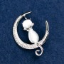Broșă pisicuță cu ochi de pisică gri, cu cristale albe, 39×31 mm, metal argintiu