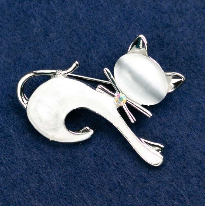 Broșă Pisicuță Ochi de pisică, email, culoare gri, 37×44 mm, metal argintiu